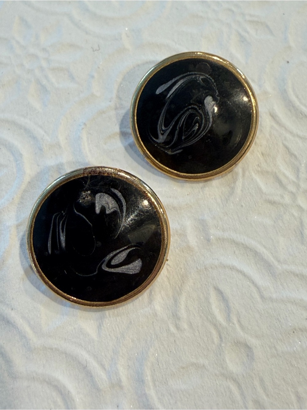 Vintage Black Enamel Round Clip-On Earrings with Gold Trim